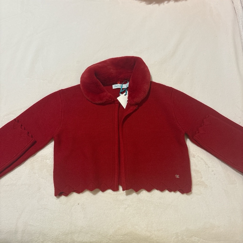 Girls' Red Knit Jacket with Faux-Fur Collar